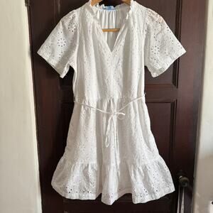 DRAPER JAMES | White Cotton Eyelet Tiered Short Sleeve Mini Dress | Medium